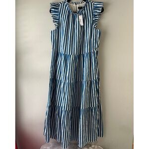 J. Crew Tiered Maxi Dress Teal Blue White Stripe Flutter Sleeve Tie Neck M Dobby